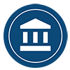 White columned building on blue circle